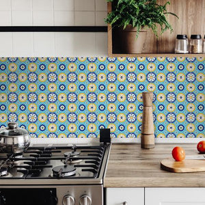 6" X 6" Aqua Floral Peel and Stick Removable  Tiles