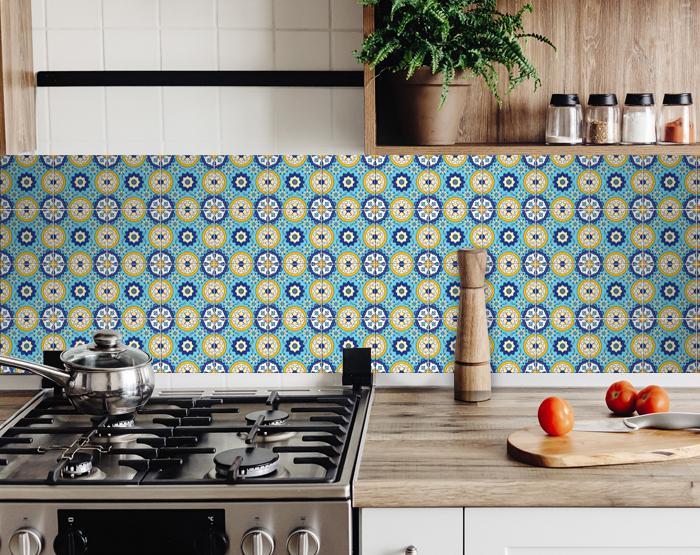 8" X 8" Aqua Floral Peel and Stick Removable  Tiles