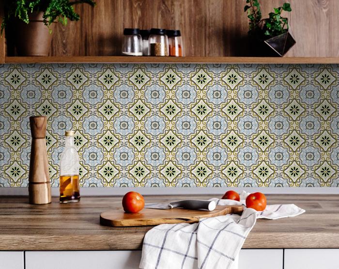 4" X 4" Taupe and Blue Scroll Peel and Stick Tiles