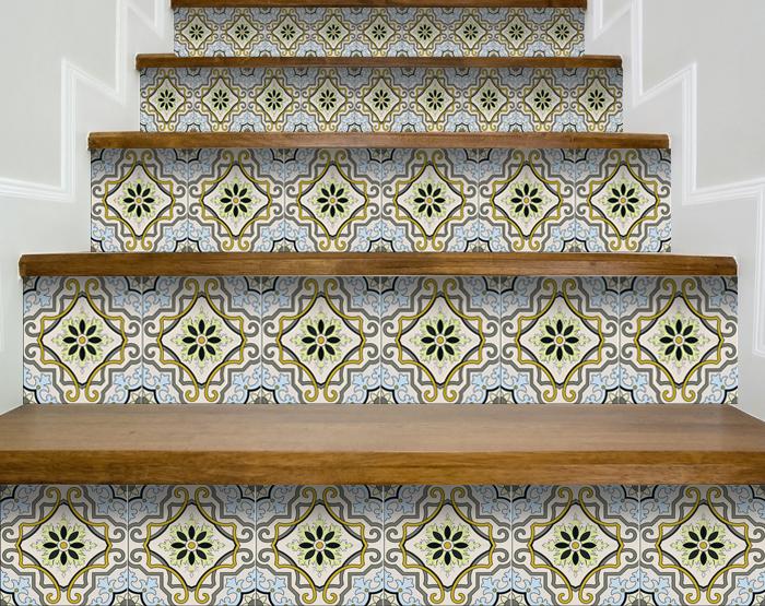 4" X 4" Taupe and Blue Scroll Peel and Stick Tiles