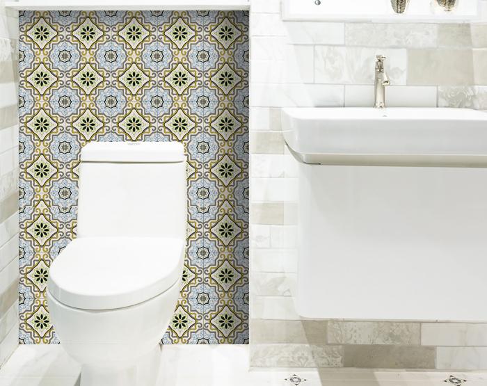 5" X 5" Taupe and Blue Scroll Peel and Stick Tiles