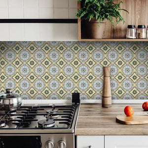 7" X 7" Taupe and Blue Scroll Peel and Stick Tiles