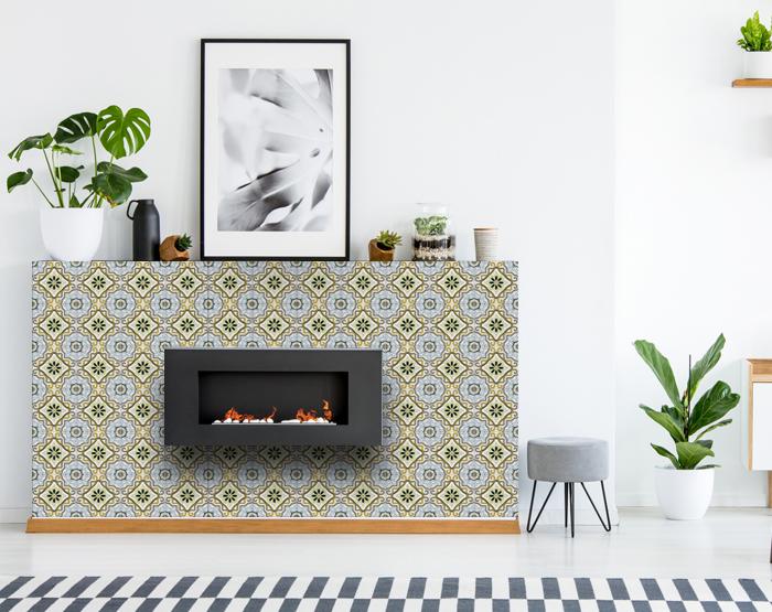 7" X 7" Taupe and Blue Scroll Peel and Stick Tiles