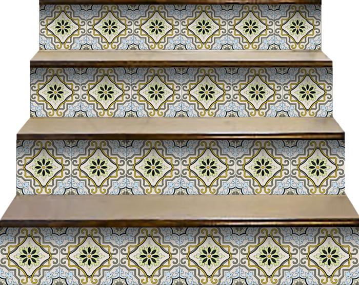 7" X 7" Taupe and Blue Scroll Peel and Stick Tiles