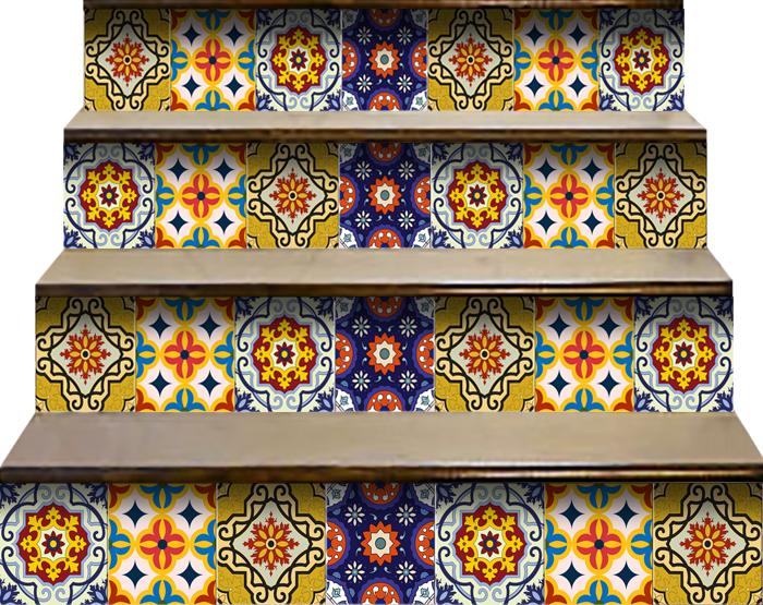 4" X 4" Blue And Yellow Mosaic Peel And Stick Removable Tiles