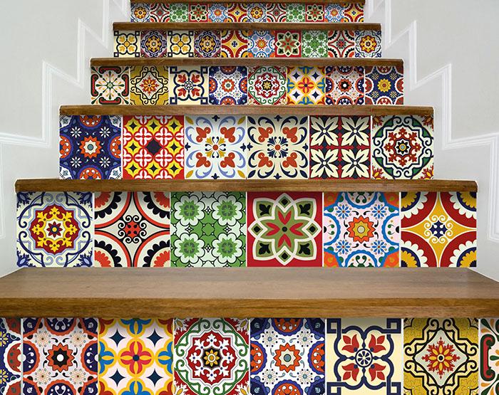 4" X 4" Blue Red Yellow Mosaic Peel And Stick Tiles