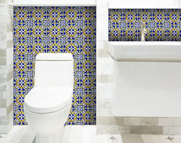 4" X 4" Blue and Yellow Links Peel And Stick Tiles