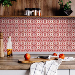 7" x 7" Brick Red And White Scroll Peel and Stick Removable Tiles