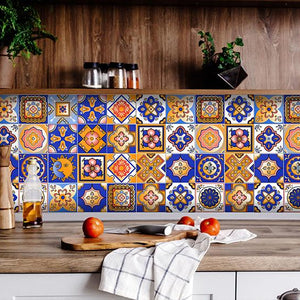 Blue and Gold Celestial Mosaic Peel and Stick Removable Tiles - 7" x 7"