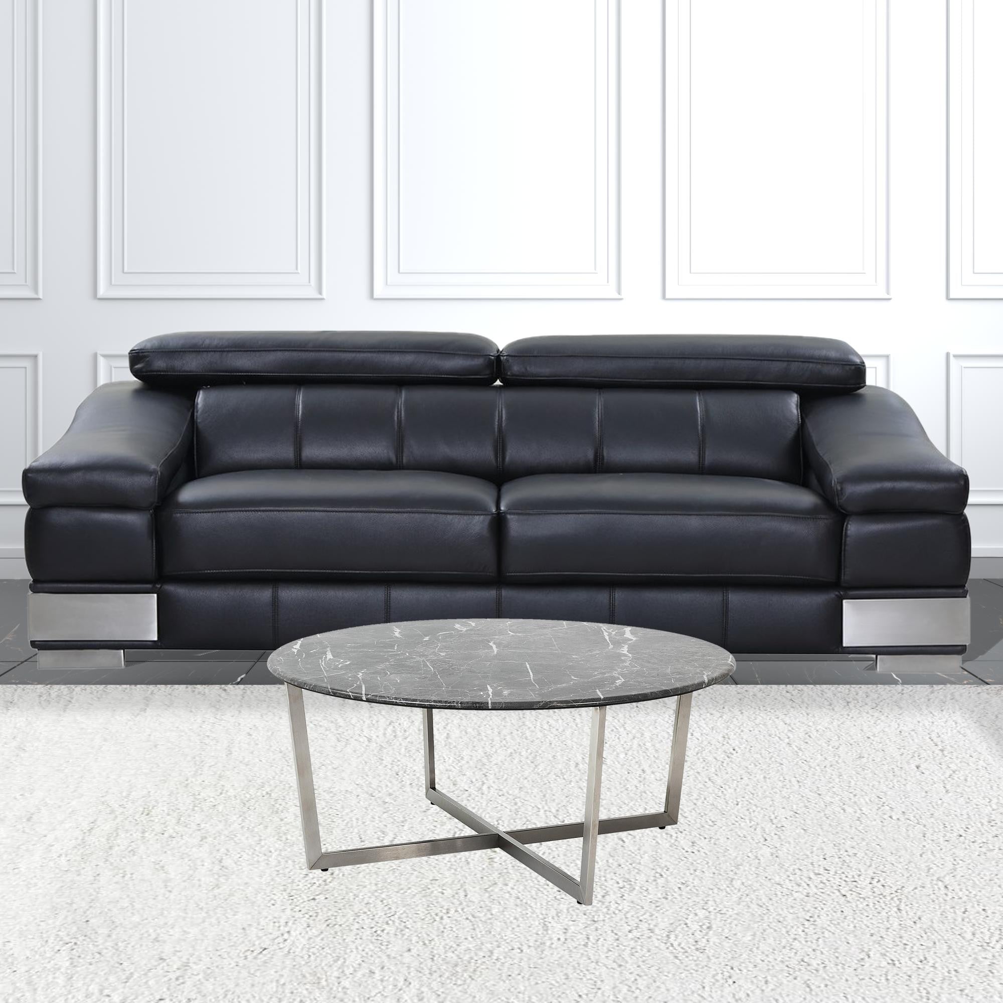 Black on Stainless Faux Marble Round Coffee Table