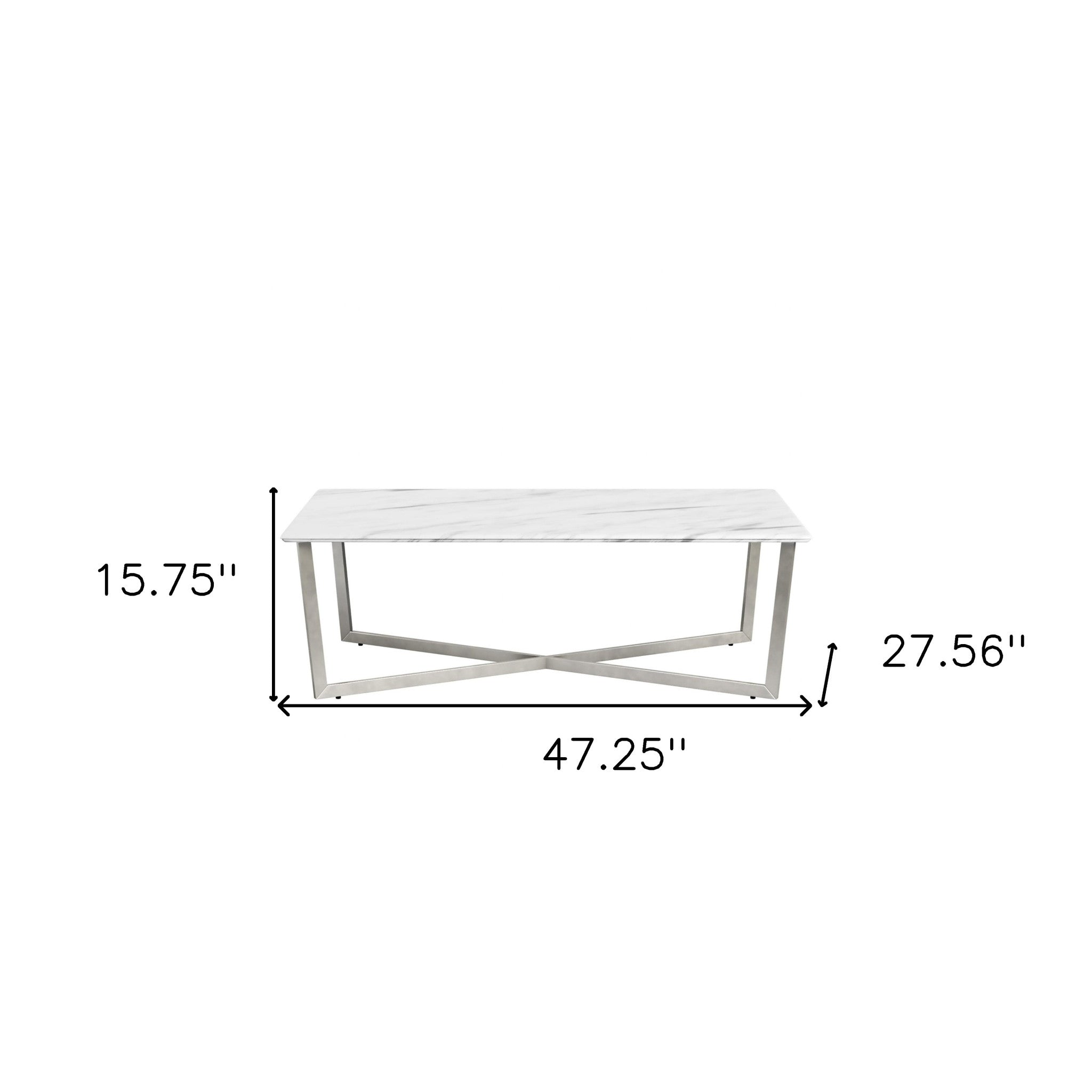 47" Silver And White Manufactured Wood And Metal Rectangular Coffee Table