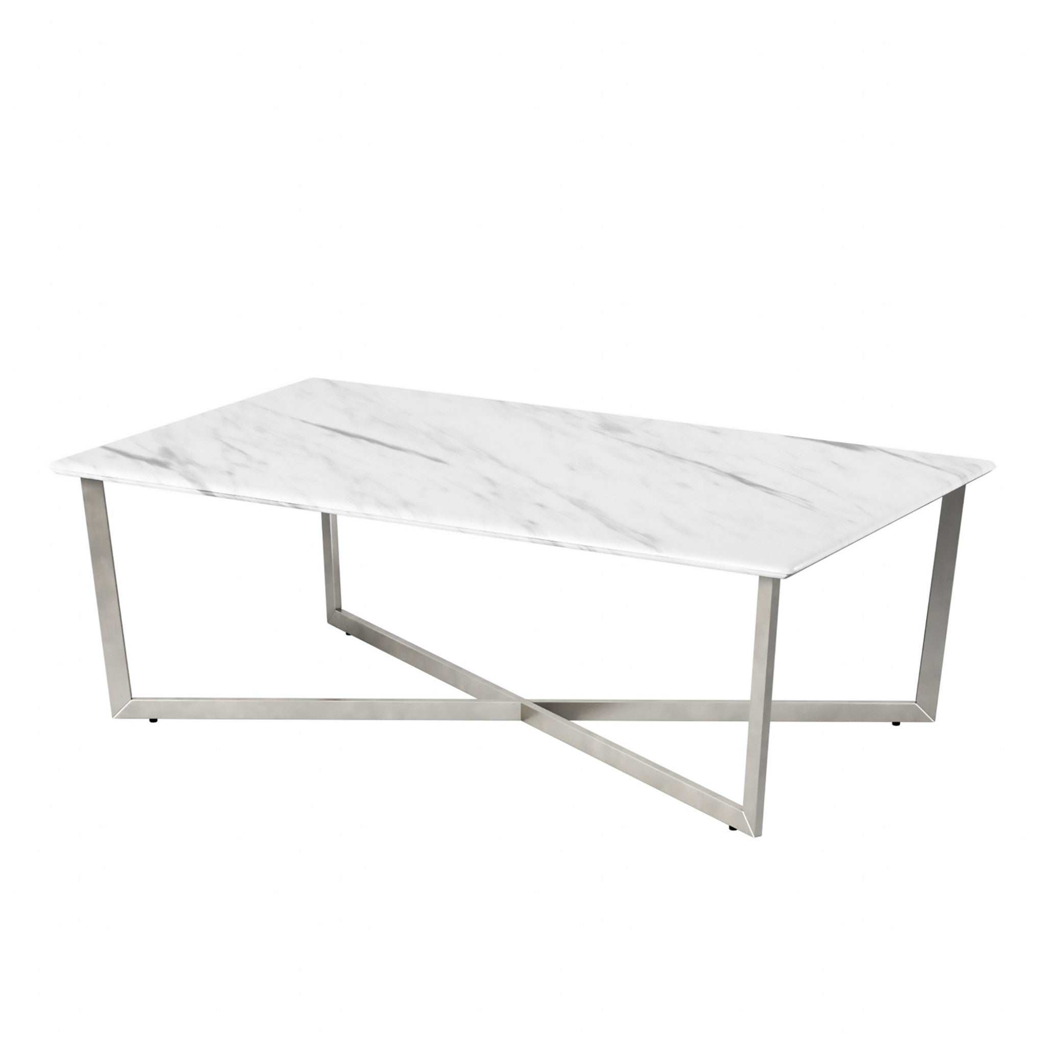 47" Silver And White Manufactured Wood And Metal Rectangular Coffee Table