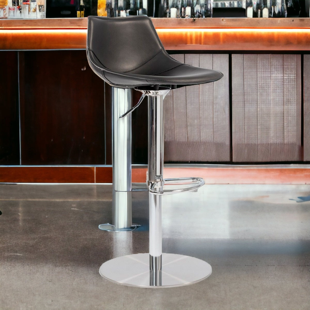 40" Black And Silver Steel Swivel Low Back Bar Height Chair With Footrest