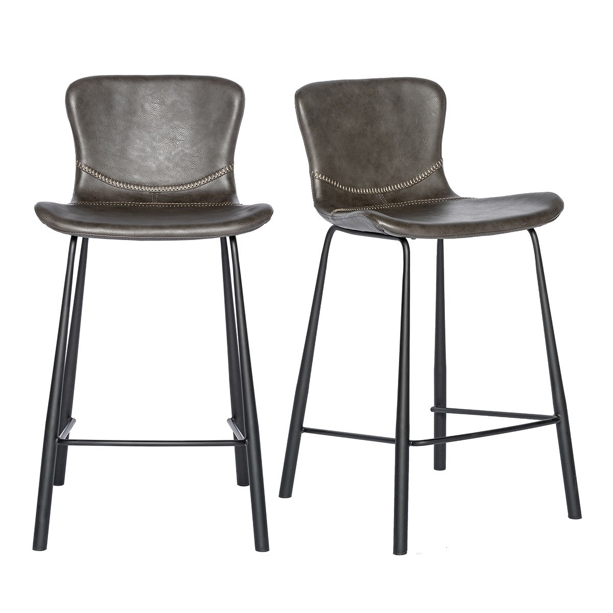 Set Of Two 35" Gray And Black Steel Low Back Counter Height Bar Chairs With Footrest