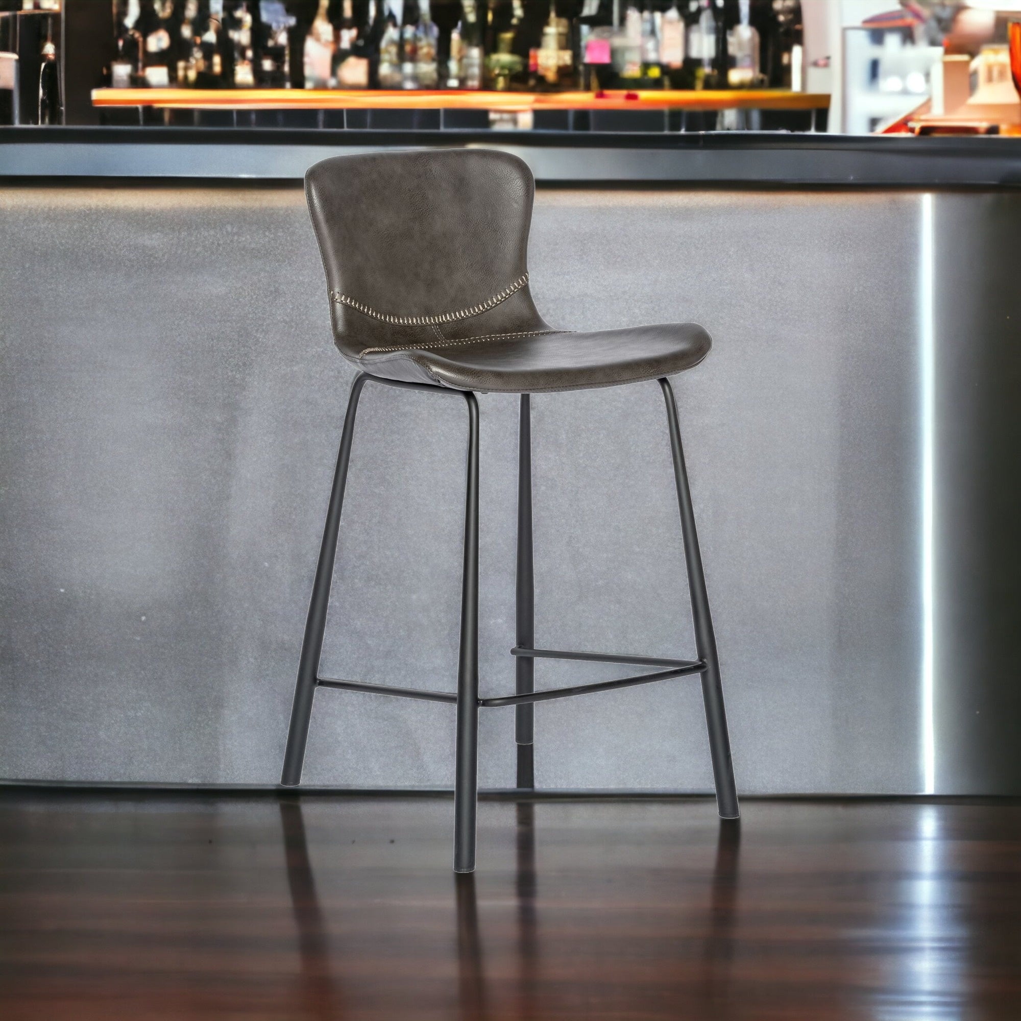 Set Of Two 35" Gray And Black Steel Low Back Counter Height Bar Chairs With Footrest