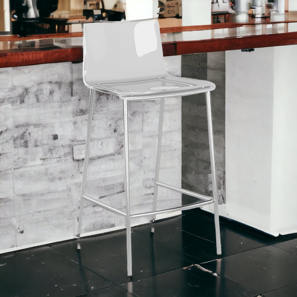 Set of Two Contemporary Acrylic and Nickel Counter Stools