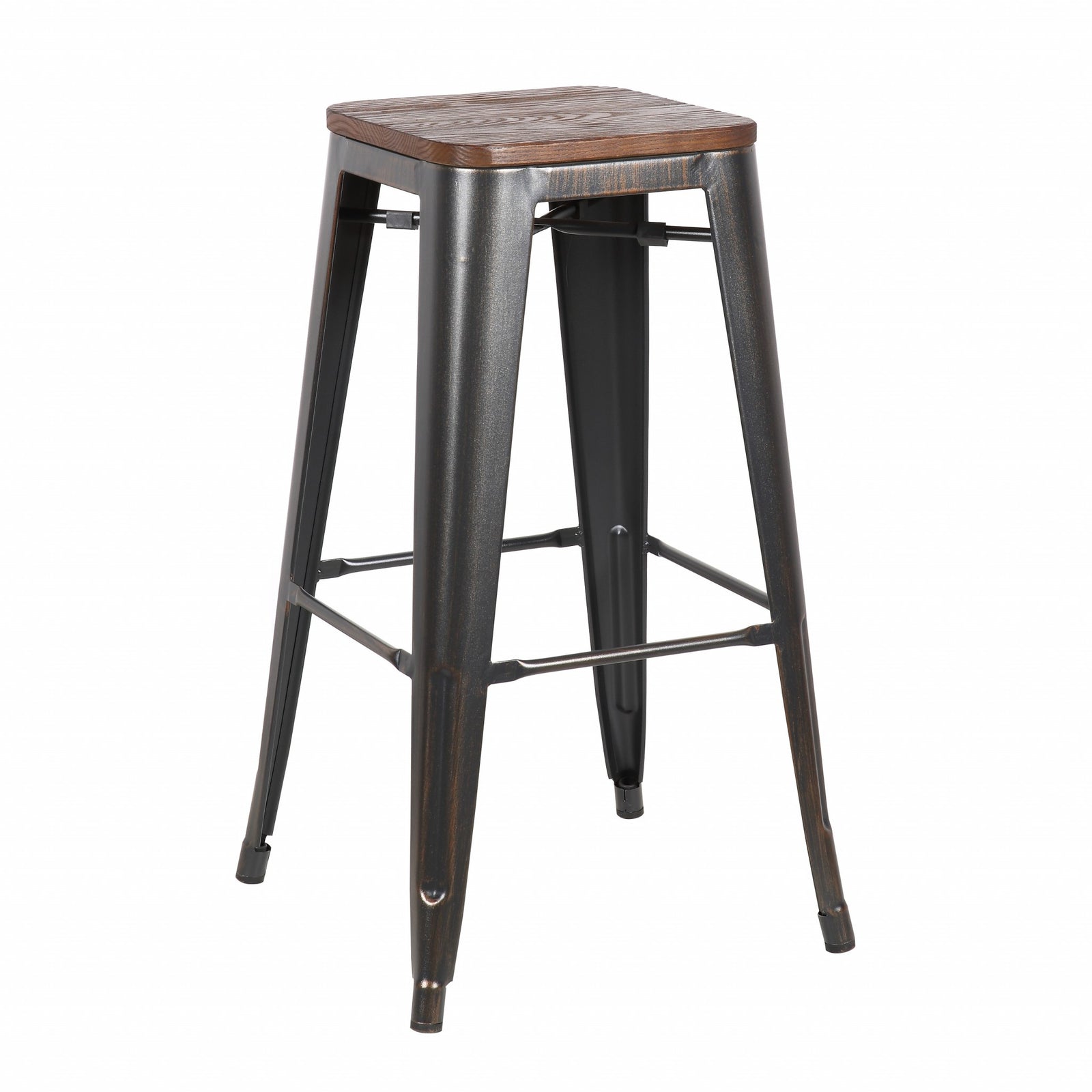 Set of Four Rustic Cafe Wood and Steel Bar Stools