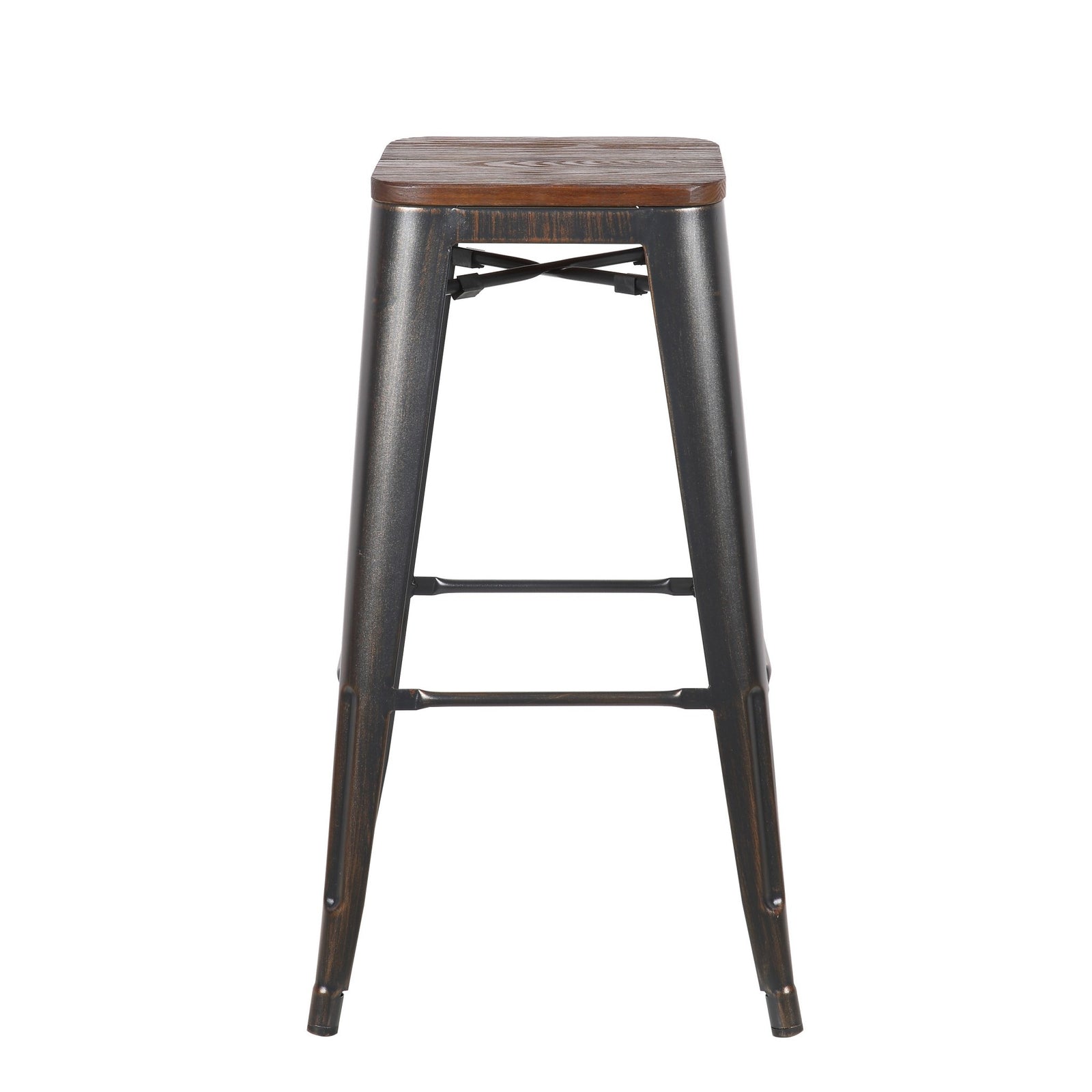 Set of Four Rustic Cafe Wood and Steel Bar Stools