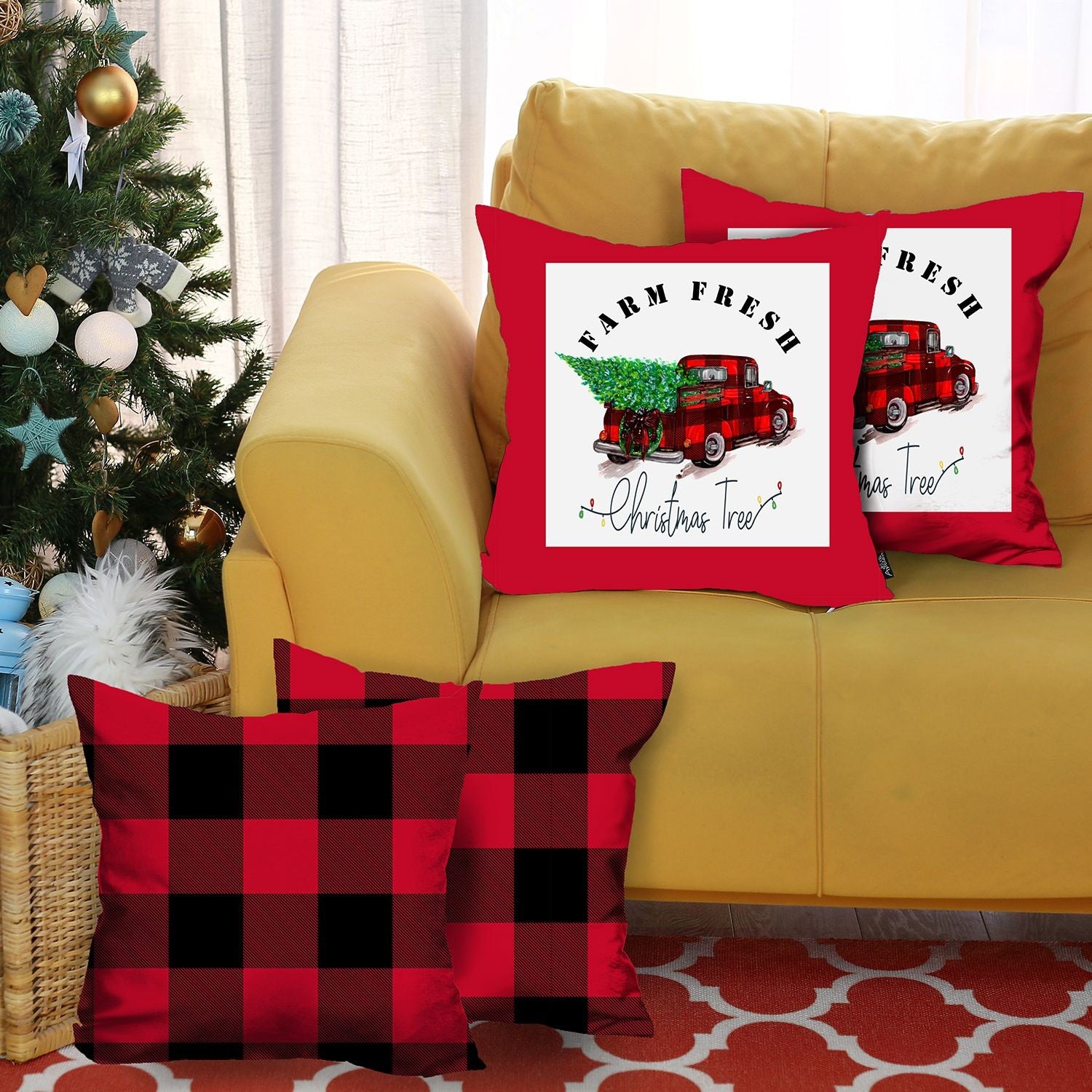 Set Of Four 18 X 18 Red And Black Plaid Zippered Polyester Christmas Tree Throw Pillow Cover