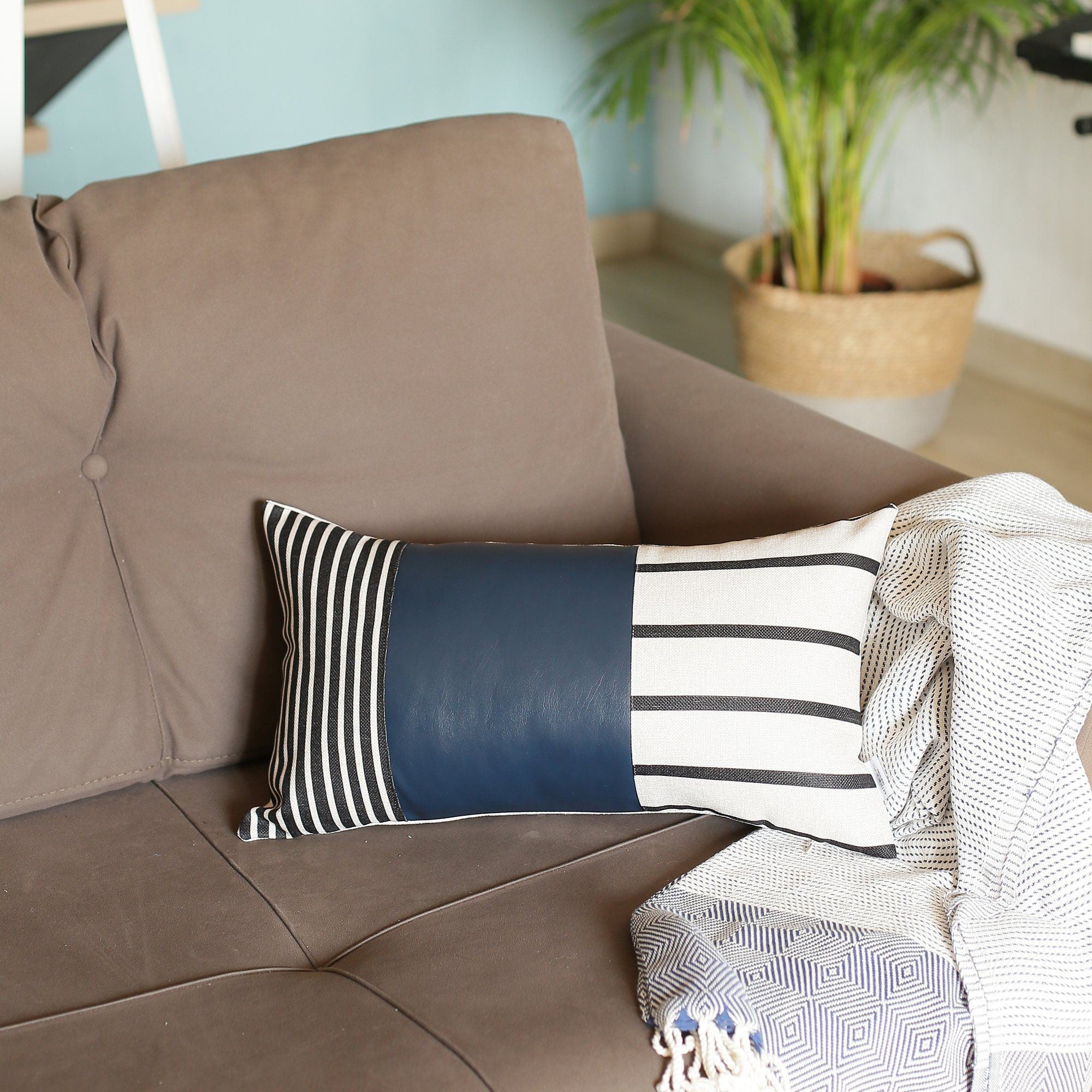 Navy Blue Striped Zippered Polyester Throw Pillow