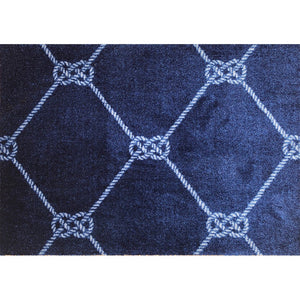 2' X 6' Navy And White Geometric Woven Stain Resistant Runner Rug