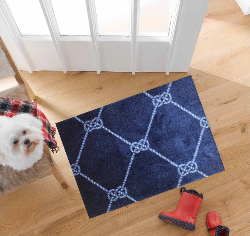 2' X 6' Navy And White Geometric Woven Stain Resistant Runner Rug