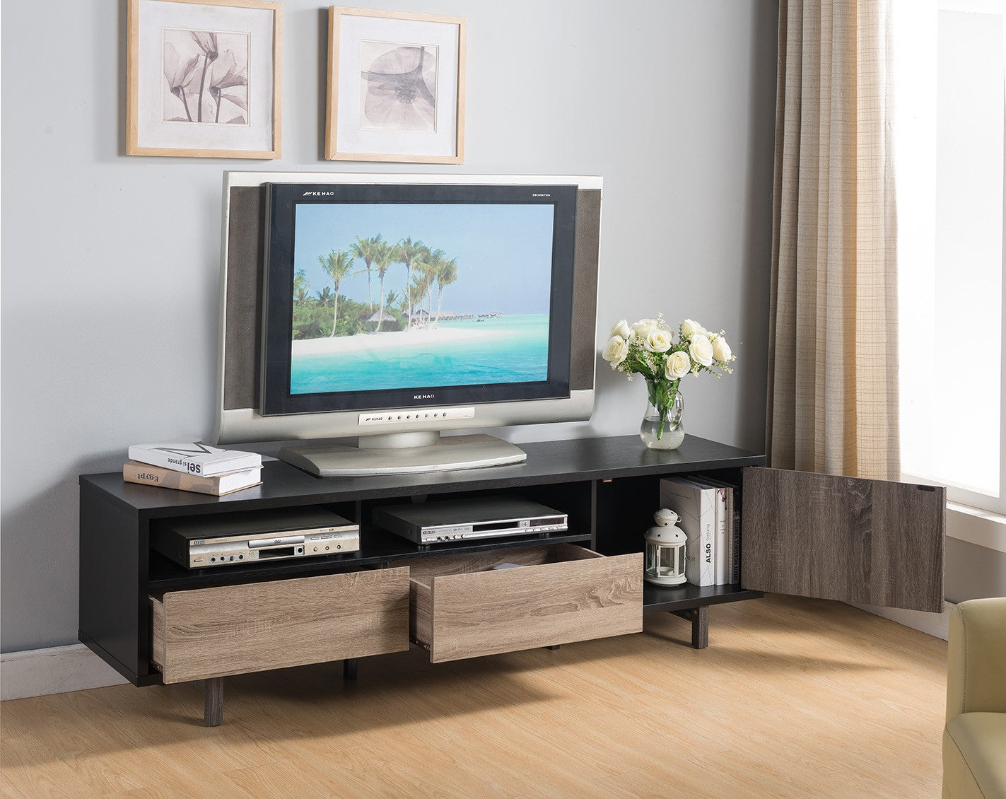 Stylish Black TV Console Cabinet With Dark Taupe And Distressed Grey Accents