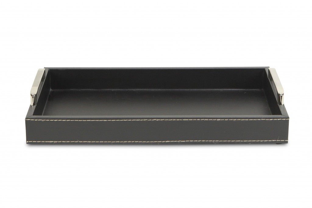 Black Faux Leather Tray with Metal Handles