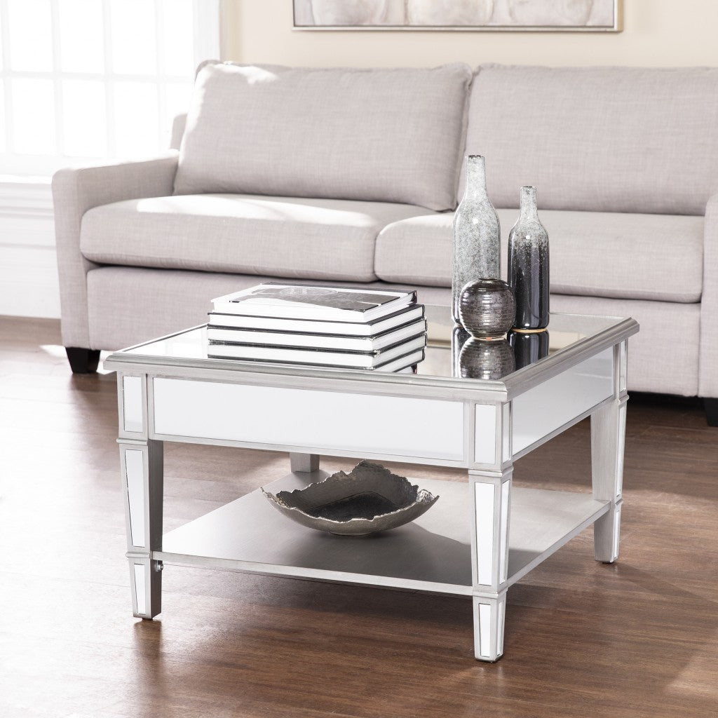 Silver Mirrored Glass Square Coffee Table 29"
