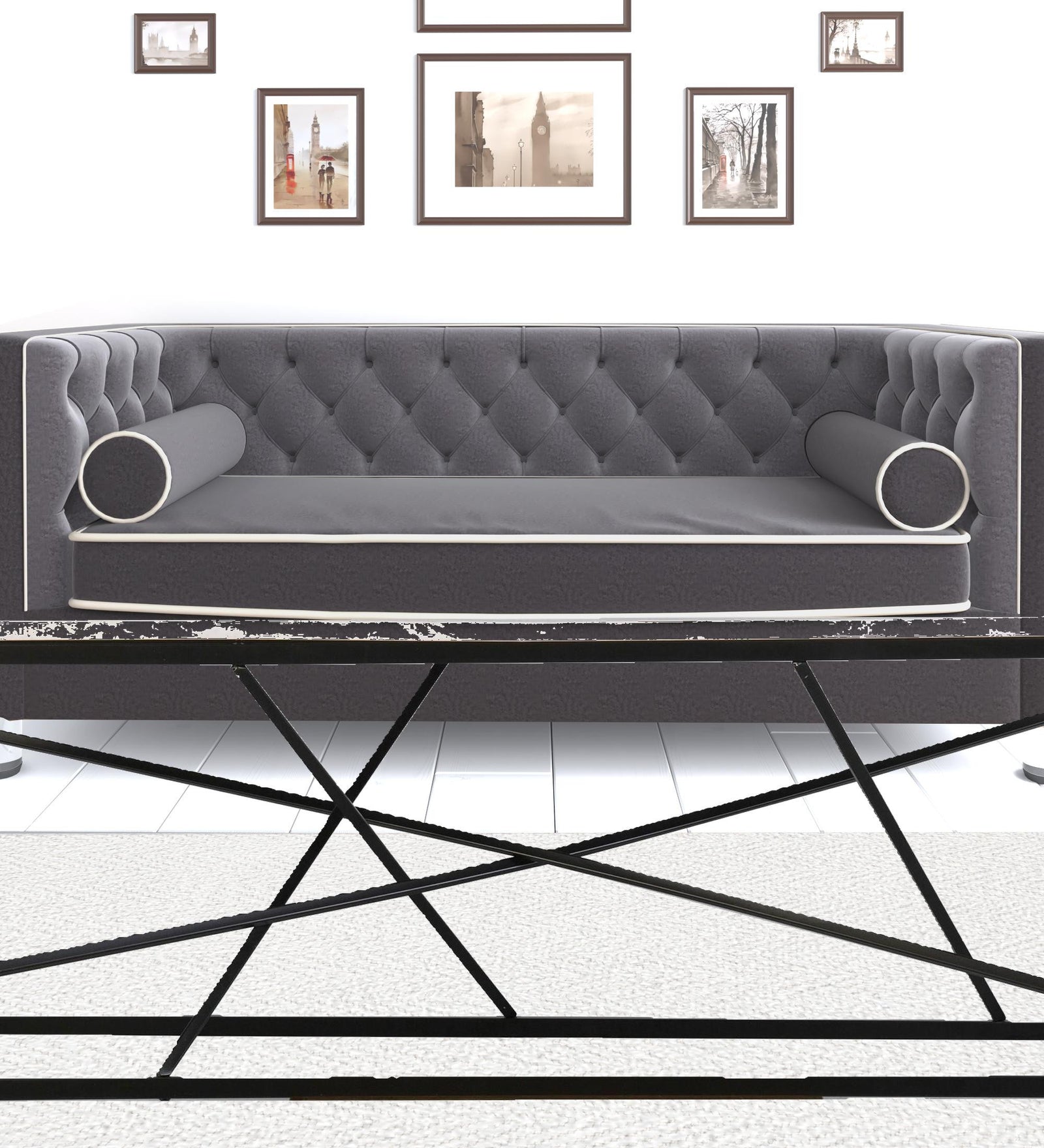 50" Black And White Faux Marble and Metal Geo Rectangular Coffee Table