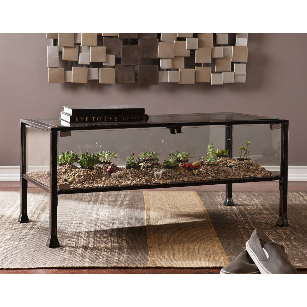 43" Black Glass And Metal Rectangular Coffee Table