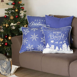 Set Of Four 18" X 18" Blue Zippered Polyester Christmas Reindeer Throw Pillow