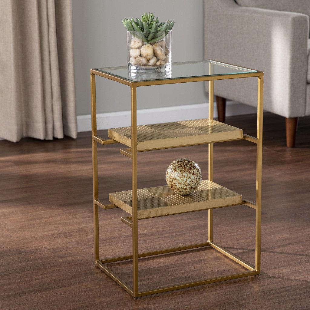 Brass Glass And Iron Rectangular End Table With Two Shelves 24"