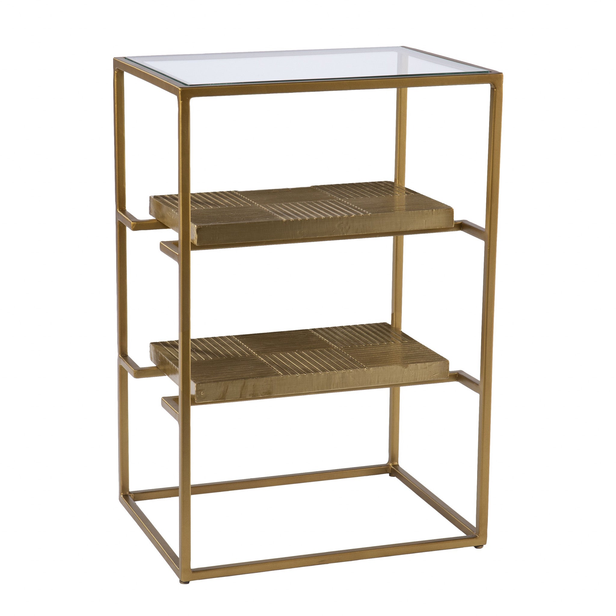 Brass Glass And Iron Rectangular End Table With Two Shelves 24"