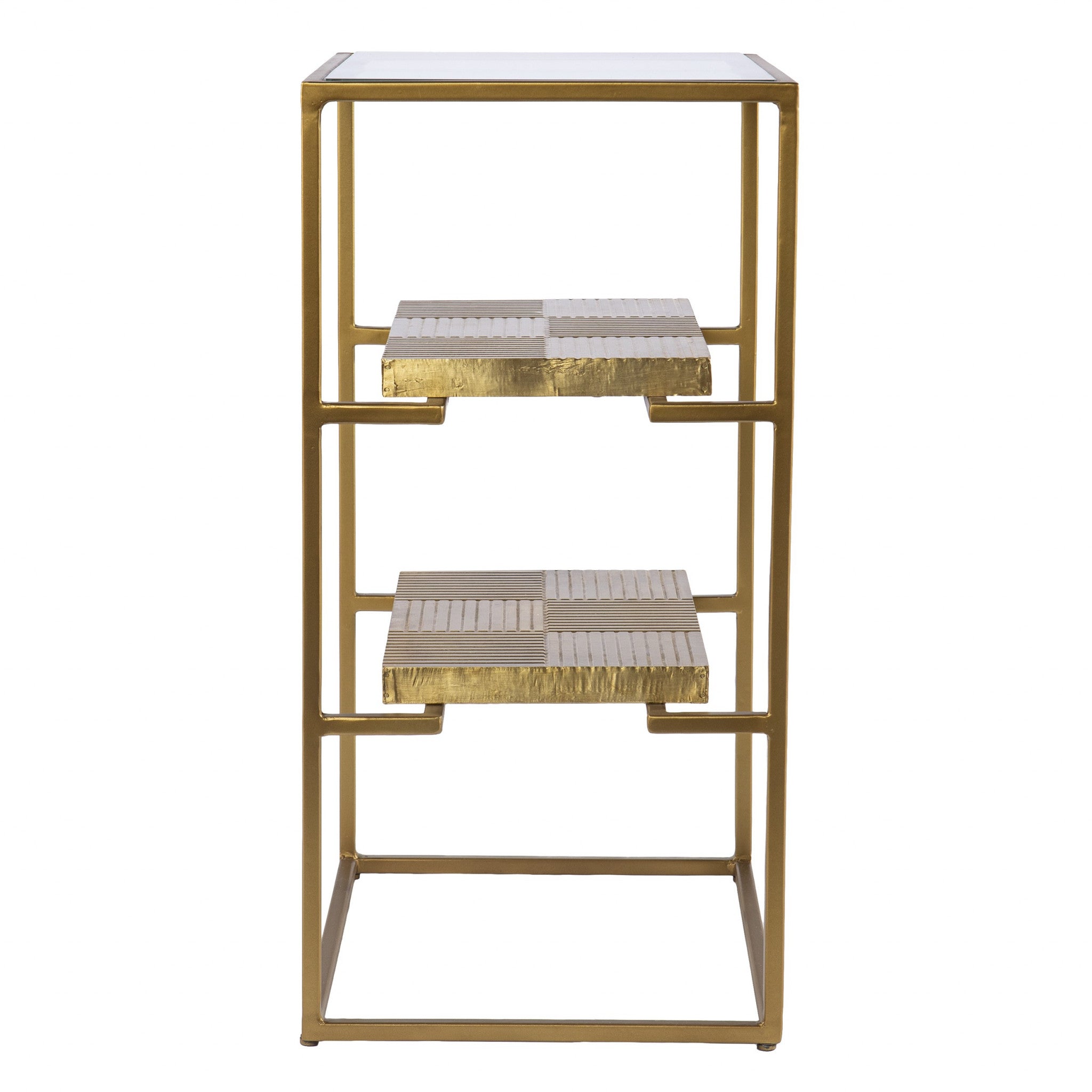 Brass Glass And Iron Rectangular End Table With Two Shelves 24"