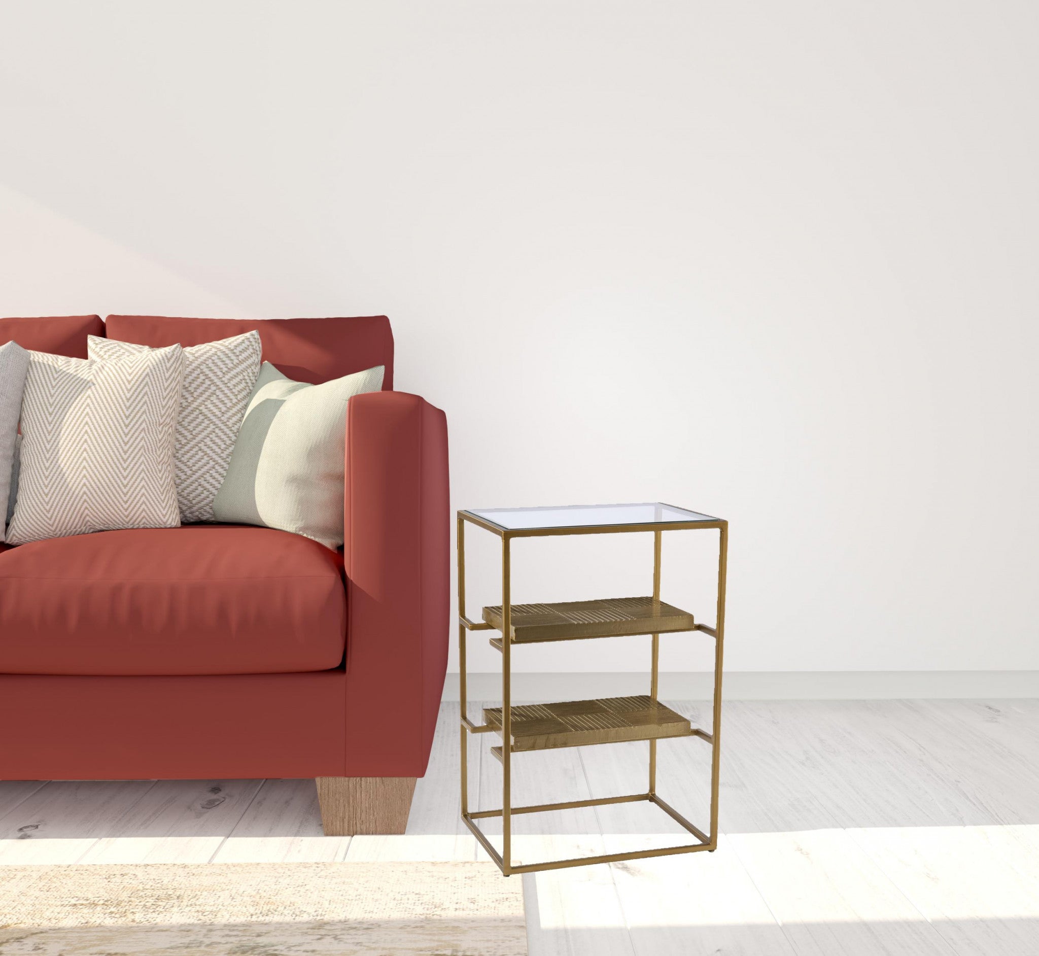 Brass Glass And Iron Rectangular End Table With Two Shelves 24"