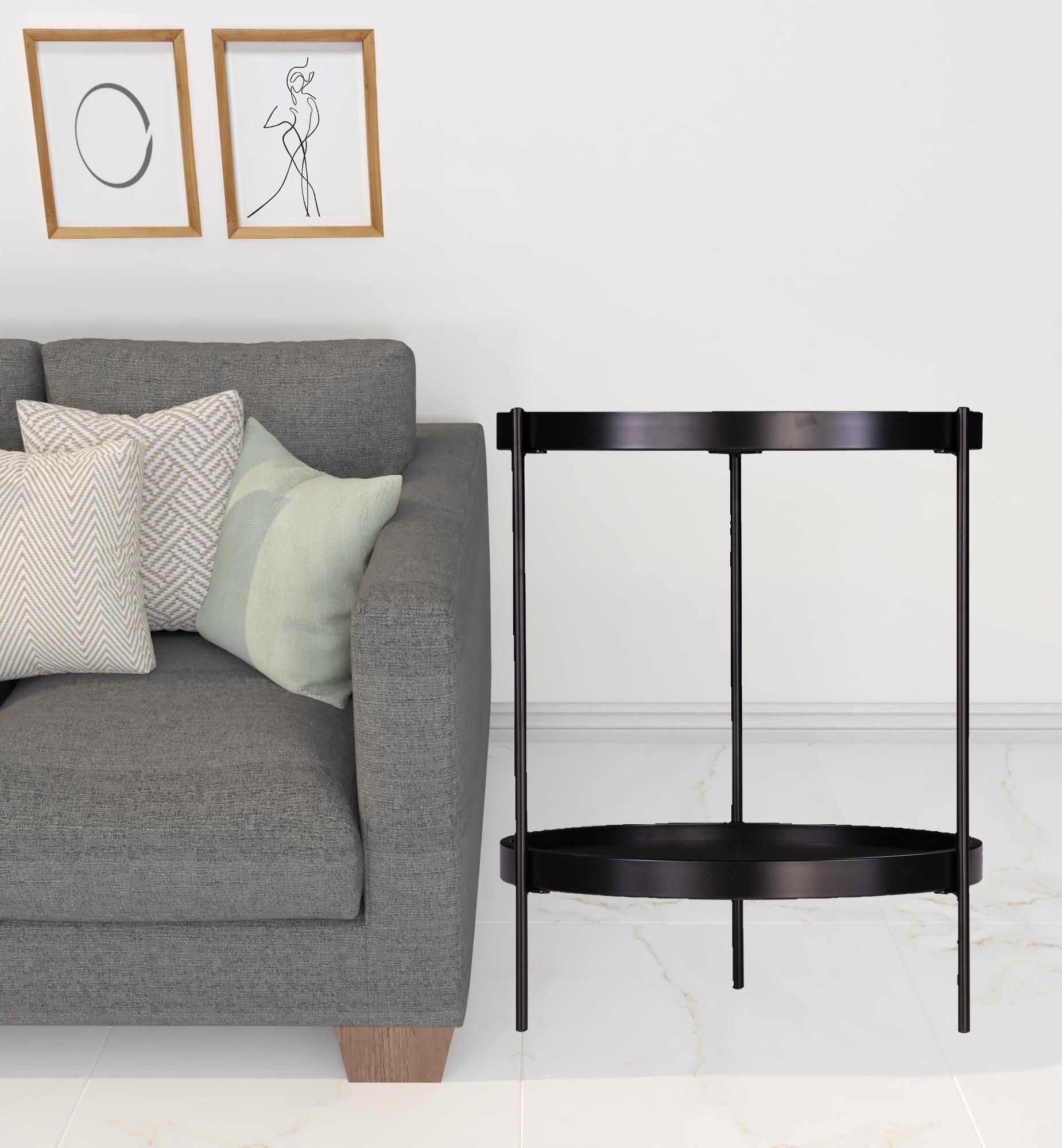 Black Wood And Iron Round End Table With Shelf 24"