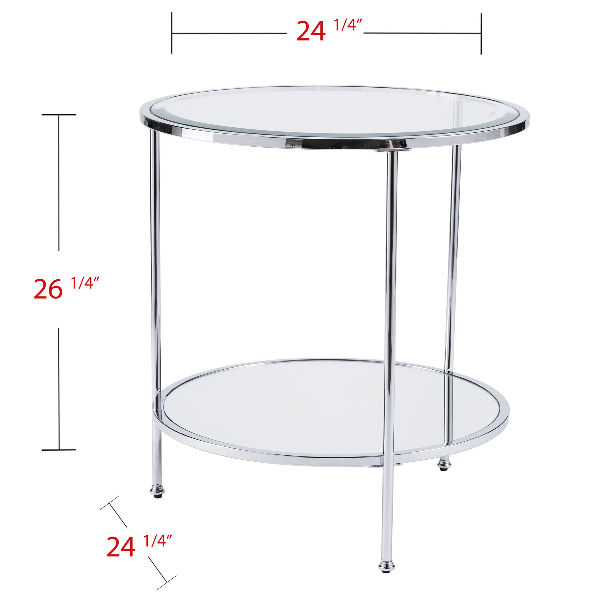 26" Chrome Glass And Iron Round Mirrored End Table With Shelf