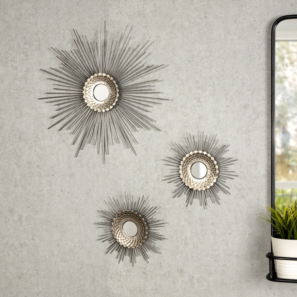 Set of Three Silver Metal Sunburst Round Wall Mirrors
