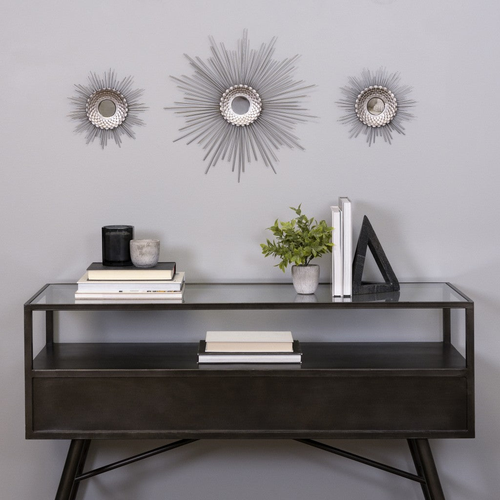 Set of Three Silver Metal Sunburst Round Wall Mirrors