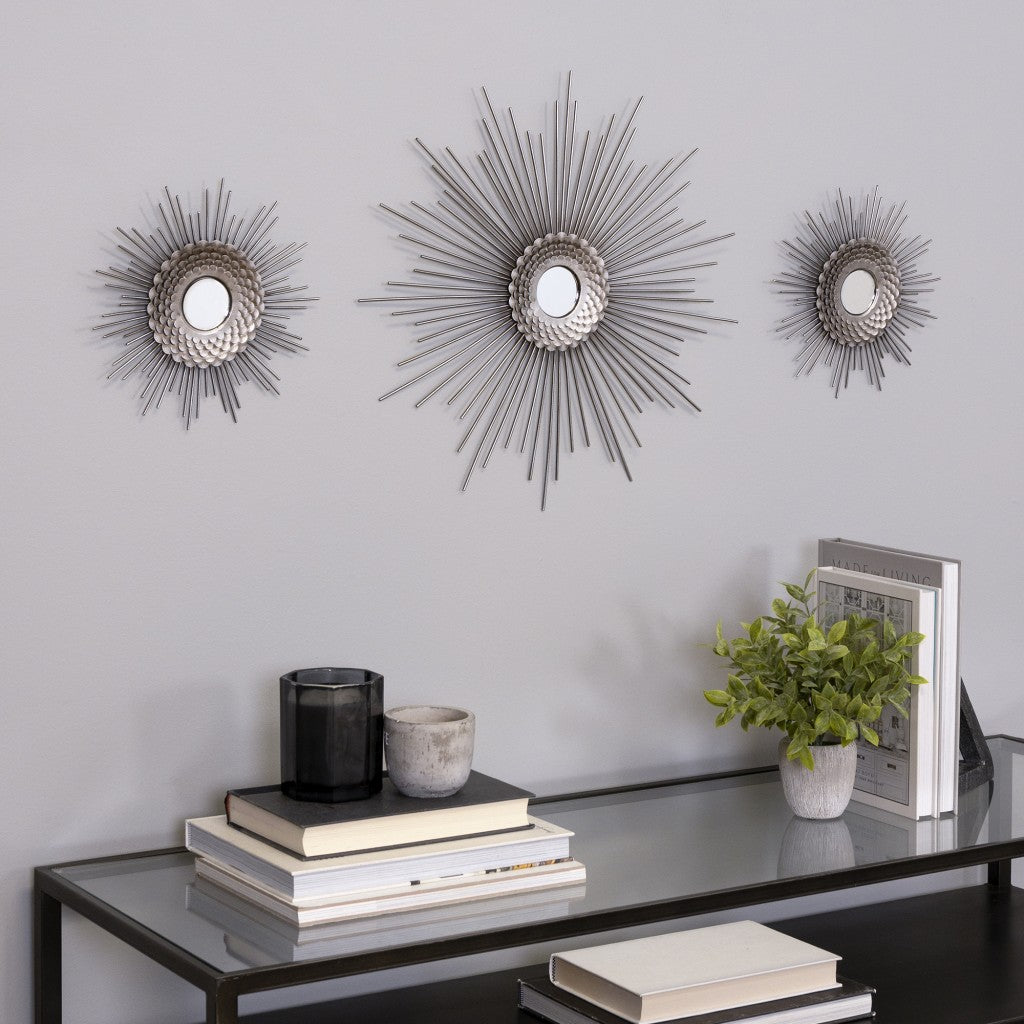 Set of Three Silver Metal Sunburst Round Wall Mirrors