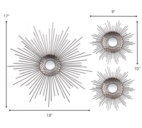 Set of Three Silver Metal Sunburst Round Wall Mirrors