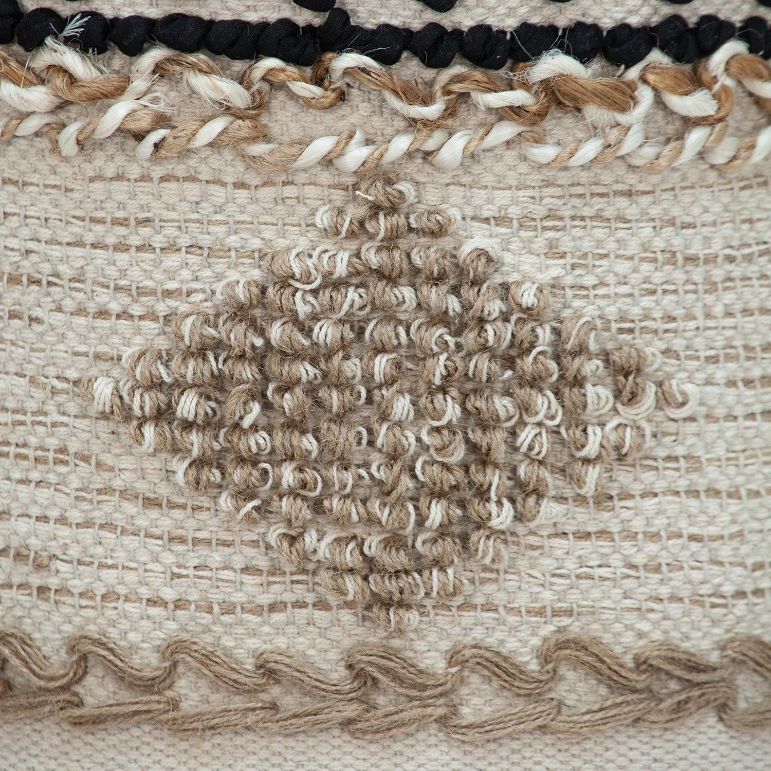 Otomana abstracta redonda de yute beige y madera marrón de 16"