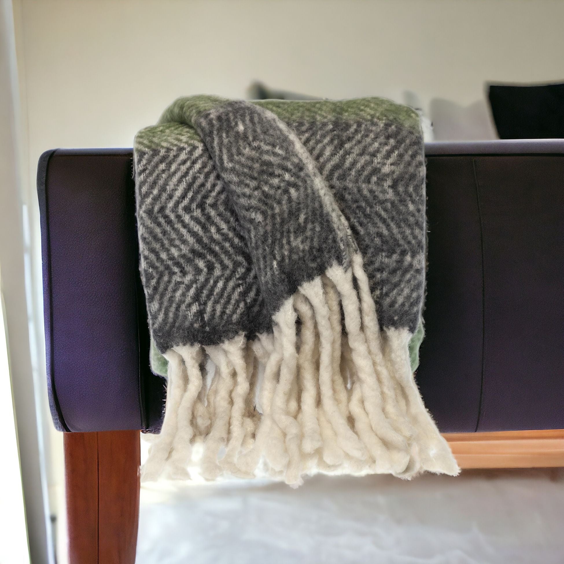 Boho Chic Green and Black Chevron Handloomed Throw Blanket