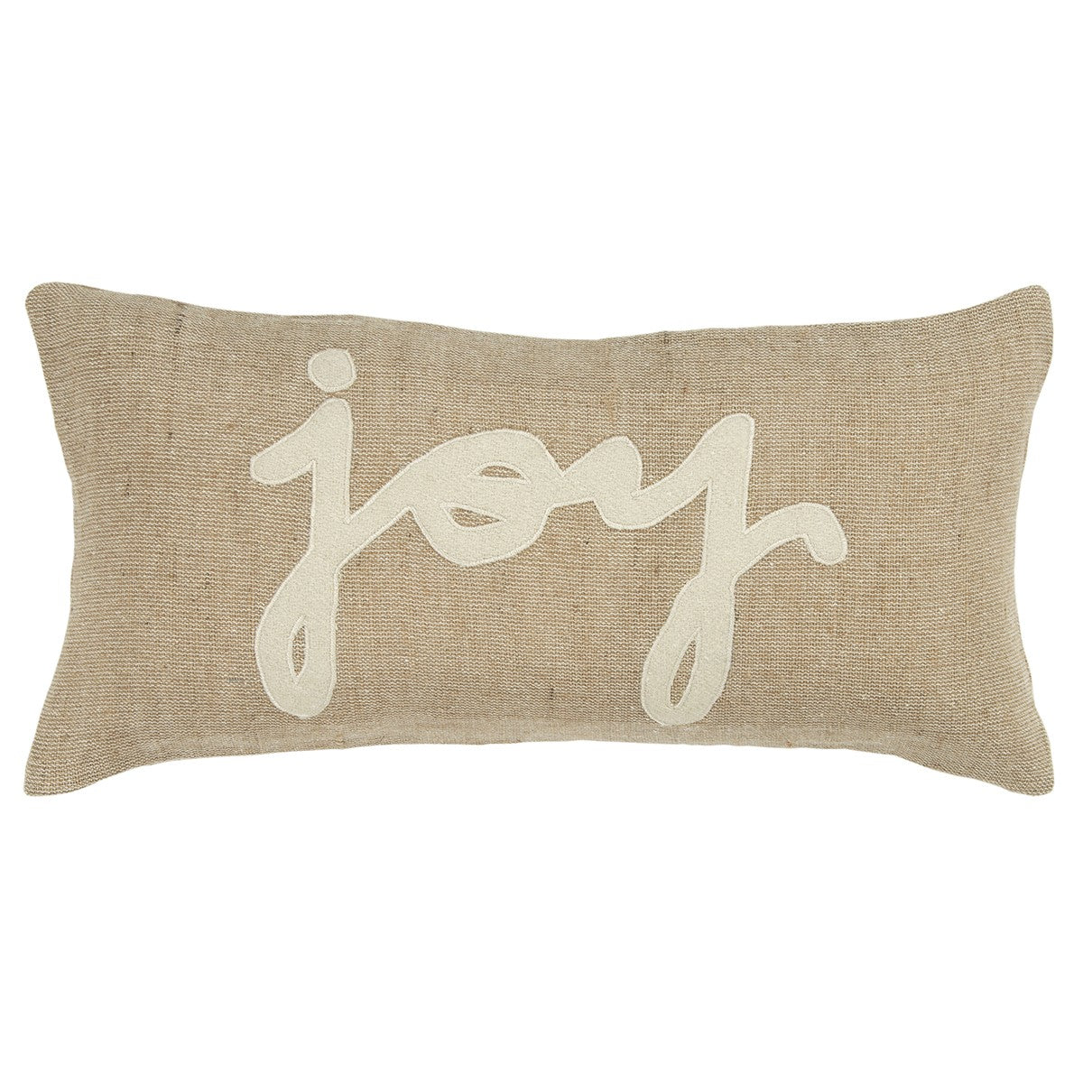 Tan Joy Felt Applique Burlap Lumbar Pillow