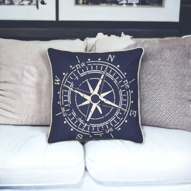 18" Navy and White Nautical Compass Down Throw Pillow