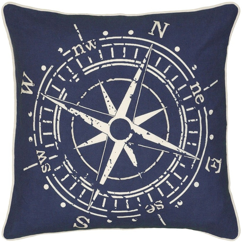 18" Navy and White Nautical Compass Down Throw Pillow