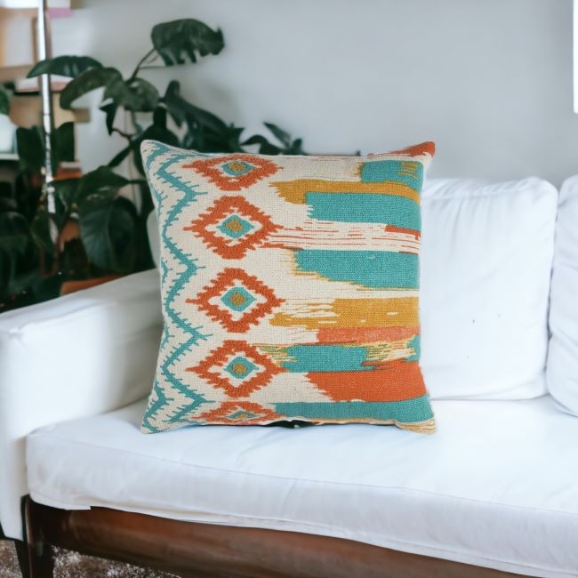 Aqua Orange Ikat Pattern Throw Pillow
