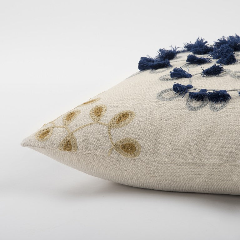 Ivory Navy Embroidered Tassel Throw Pillow