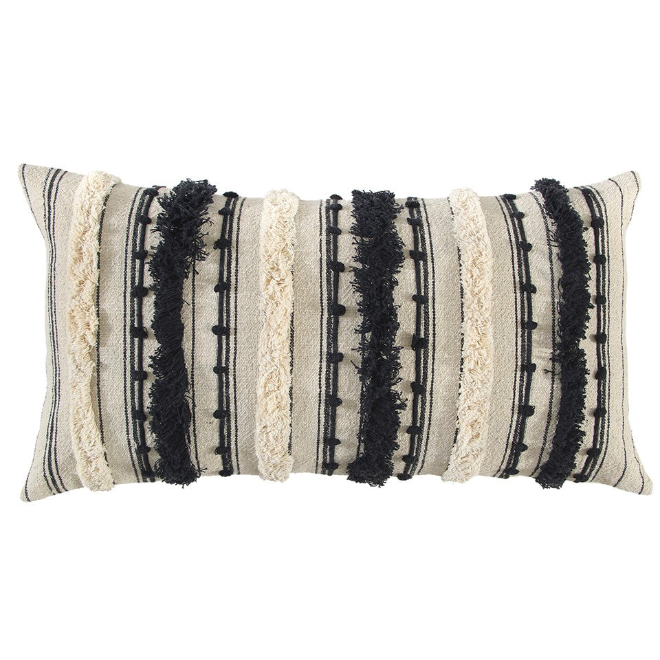 Almohada lumbar texturizada con flecos de pestañas negras beige